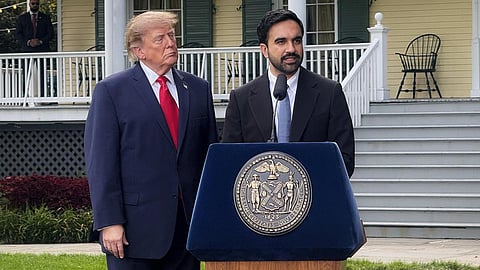 This image shows US President Donald Trump and New York City Mayor Zohran Mamdani speaking to reporters during a joint press appearance at Gracie Mansion.