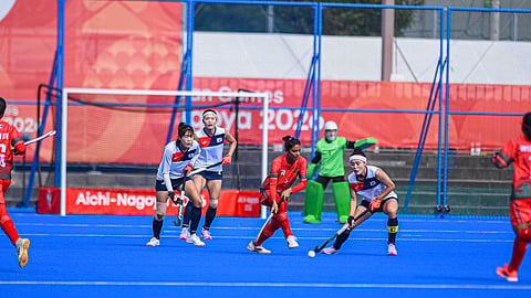 An action image from Bangladesh women's hockey team's match against South Korea in the Asian Games 2026 at the Gifu Prefectural Green Stadium in Japan on Wednesday.