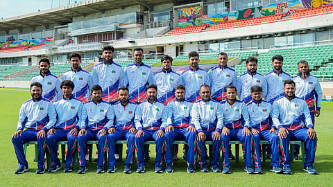 Bangladesh men's cricket team contingent for the Asian Games 2026 pose for a team photo at the Sher-e-Bangla National Cricket Stadium in Mirpur on Wednesday.