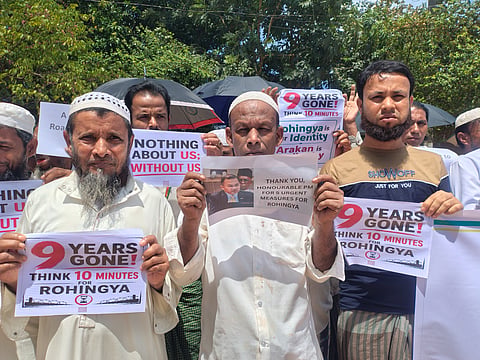 Rohingya leaders hold a human chain at Camp 15 in Ukhiya, Cox’s Bazar, on Thursday, calling for a time-bound roadmap for safe and dignified repatriation to Myanmar.
