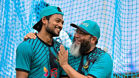 Bangladesh Test captain Najmul Hossain Shanto with spin-bowling coach Mushtaq Ahmed.
