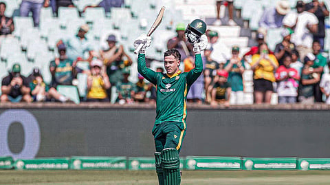 South Africa's Matthew Breetzke celebrates after scoring his century against Australia.