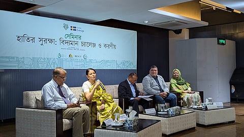 BELA Chief Executive Syeda Rizwana Hasan speaks at a discussion on elephant conservation in Agargaon, Dhaka