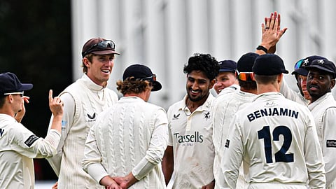 Bangladesh's Khaled Ahmed (C) took three wickets in the first innings and two more as Gloucestershire were bowled out for 241.