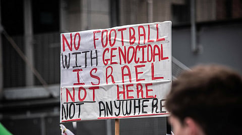Protesters march in Dublin on September 5, 2026, calling for Ireland’s Nations League matches against Israel to be cancelled.