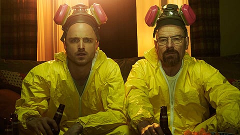 Aaron Paul as Jesse Pinkman and Bryan Cranston as Walter White in Breaking Bad