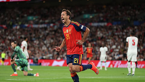 Spain's Mikel Oyarzabal celebrates after scoring the winner against England.