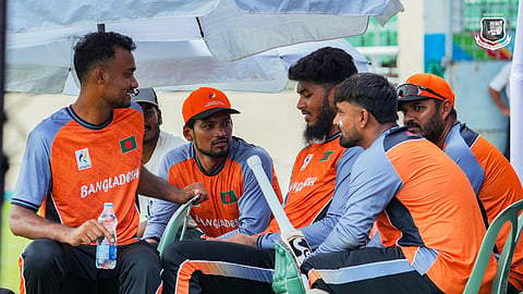 Bangladesh's Asian Games men's cricket team during a training session at the Sher-e-Bangla National Cricket Stadium in Mirpur on Wednesday.