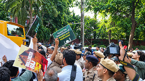 Muslim leaders and activists stage a protest at Jantar Mantar in New Delhi against attacks on mosques, electoral roll revisions and violence against marginalised communities.