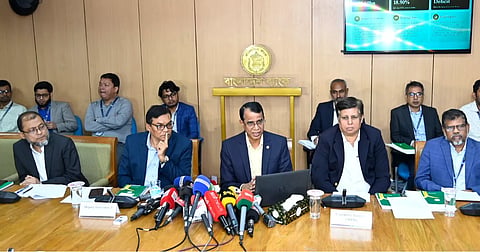 Bangladesh Bank Deputy Governor Dr Md Habibur Rahman speaks at a press briefing on the central bank’s first quarterly Monetary Policy Statement at its headquarters in Motijheel on Wednesday.