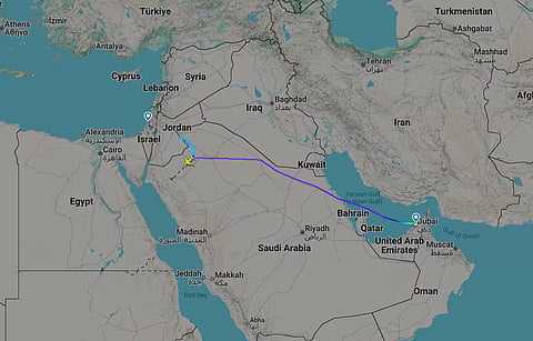 A screengrab taken from Flightradar24 shows a flydubai flight to Israel which was diverted to Saudi Arabia September 30, 2026.
