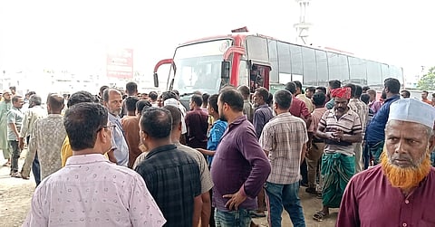 Passengers gather at a bus terminal in Habiganj on Thursday following the start of an indefinite transport strike.