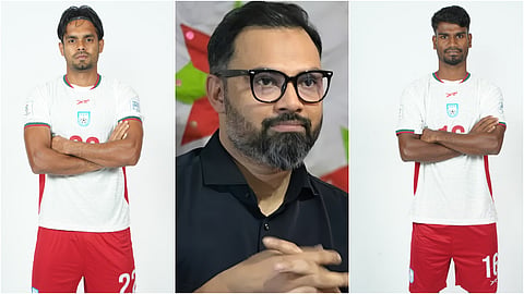 Bangladesh national team footballers Saad Uddin (L), Sohel Rana Jr (R) and State Minister for Youth and Sports Aminul Haque.