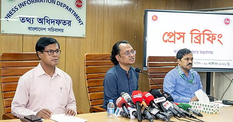 Information and Broadcasting Adviser Dr Zahed Ur Rahman speaks at a press briefing at the Secretariat in Dhaka on Tuesday.