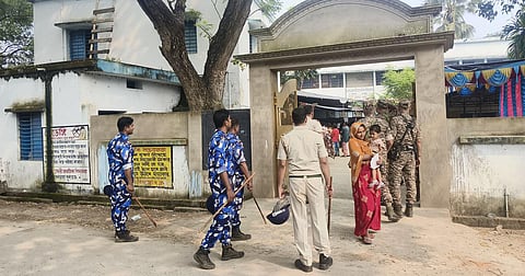 Police and paramilitary personnel outside the polling station at Teghari Primary School in Nazirpur village of Rejinagar. Scroll saw Muslim voters being turned away from this polling station on October 6, the day of the bye-election.