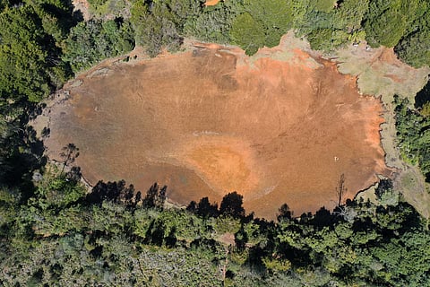 A drone view shows the dried-up Guarne Lagoon at Arvi Park amid drought conditions linked to the El Nino phenomenon, in Medellin, Colombia, September 3, 2026.