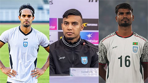Bangladesh footballers Saad Uddin (L), Jamal Bhuyan and Sohel Rana Jr (R).