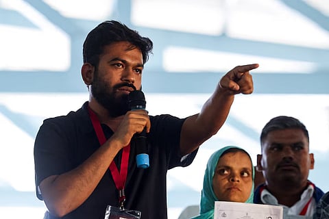 Abhijeet Dipke, founder of the Cockroach Janta Party (CJP), addresses his supporters during a protest demanding resignation of India's Chief Election Commissioner Gyanesh Kumar, in Bengaluru, India, October 8, 2026.