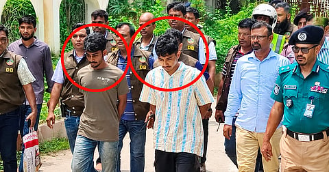 The two suspects in the Rangpur family murder case are escorted by police and Detective Branch officials.