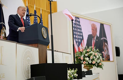 US President Donald Trump delivers remarks during the "A New Golden Age" summit at the US Institute of Peace, renamed The Donald J. Trump Institute of Peace by the Trump administration, in Washington, DC, US, October 8, 2026.