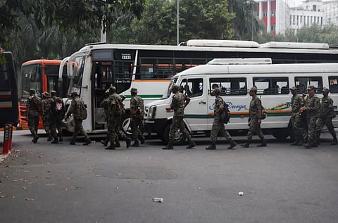 Security personnel arrive ahead of a Cockroach Janta Party (CJP) protest seeking the resignation of India's Chief Election Commissioner, Gyanesh Kumar, in New Delhi, India, October 10, 2026.