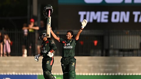 Sobhana Mostary of Bangladesh celebrates her century during game two of the One Day International series between Australia and Bangladesh.