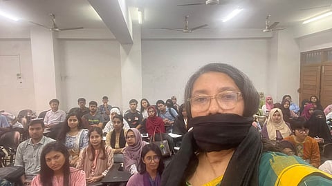 Samina Luthfa stages silent protest after teacher barred from classes over remarks about veiled student