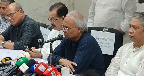 BNP acting Secretary General Ruhul Kabir Rizvi speaks at a commemorative meeting marking the 10th death anniversary of former minister and party leader Brig Gen (retd) ASM Hannan Shah on Monday.
