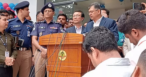 Home Minister Salahuddin Ahmed addresses as the chief guest at the inauguration of the Cyber Police Centre in Dampara area of Chattogram city. Wednesday, Oct 14, 2026.
