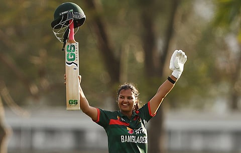 Sobhana Mostary of Bangladesh celebrates her century during game two of the One Day International series between Australia and Bangladesh.