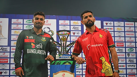Bangladesh captain Litton Das and Zimbabwe captain Sikandar Raza pose with the trophy ahead of the tri-nation ODI series in Abu Dhabi.