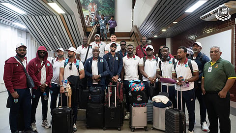 West Indies cricket team at the Hazrat Shajalal International Airport in Dhaka.