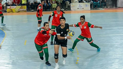 Ac action from Bangladesh's match against India in the Begum Khaleda Zia IHF Nations Trophy on Monday.
