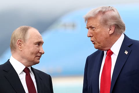 US President Donald Trump speaks with Russian President Vladimir Putin, as they meet to negotiate for an end to the war in Ukraine, at Joint Base Elmendorf-Richardson in Anchorage, Alaska, US, August 15, 2025.