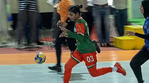 An action image from Bangladesh's match against the Maldives in the Begum Khaleda Zia IHF Nations Trophy at the Shaheed Captain M Mansur Ali Stadium in Paltan on Tuesday.