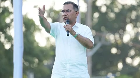 P Tarique addressing a public rally at the historic Madrasah Ground, also known as Haji Muhammad Mohsin Government High School Ground, in Rajshahi on October 20, 2026.