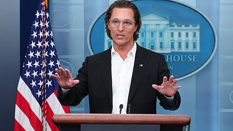Matthew McConaughey talks to reporters during a conference at the White House in 2022.