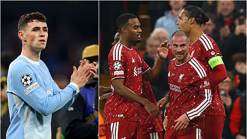 Manchester City's Phil Foden (L); Liverpool players celebrate their fourth goal.