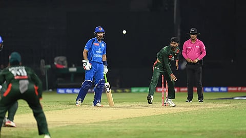 Bangladesh’s Aliss Al Islam bowls during his ODI debut against Afghanistan in Sharjah on 21 October 2026.