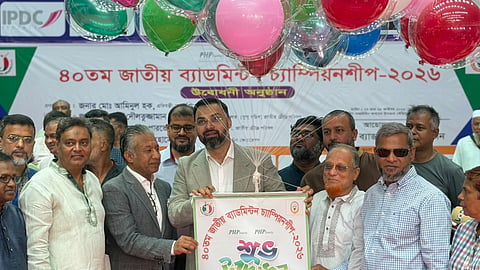 State Minister for Youth and Sports Md Aminul Haque unveils a five-year plan to elevate Bangladesh badminton alongside officials at the inauguration of the 40th National Badminton Championship in Dhaka.