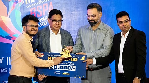 Ashfaq Ul Alam receives the runner-up award in the Feature (Print and Online) category at the Max-BSPA Journalist Awards 2025.