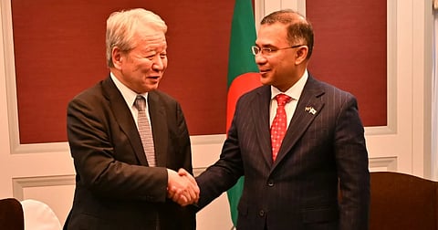 Prime Minister Tarique Rahman meets Japan International Cooperation Agency (JICA) President Dr Tanaka Akihiko at the Imperial Hotel in Tokyo on Monday.
