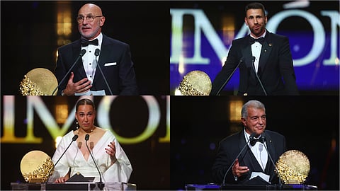 Spain coach Luis de la Fuente (top L), women’s goalkeeper Cata Coll (bottom L) and men’s goalkeeper Unai Simon (top R) were among others honoured, while Barcelona president Joan Laporta (bottom R) collected the women’s club award on behalf of Barcelona Femeni.