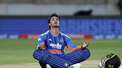 India opener Abhishek Sharma celebrates after scoring his century.