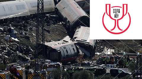 Rescue personnel work at the site of the collision of two high-speed trains between the towns of Mora and Orgaz, near Toledo, Spain, October 28, 2026; Copa del Rey logo.