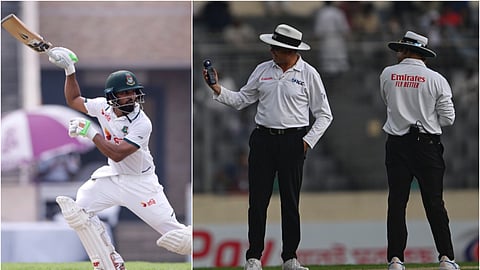 Bangladesh's Shadman Islam plays a shot (L); the umpires check the light meter.