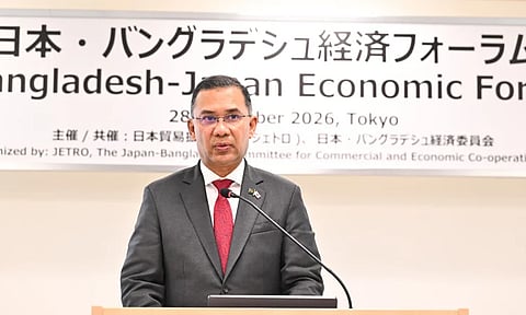 Prime Minister Tarique Rahman addresses the Bangladesh-Japan Economic Forum Dialogue at JETRO headquarters in Tokyo on Wednesday.