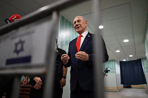 Israel's Prime Minister Benjamin Netanyahu speaks to the media after voting at a polling station in Jerusalem, Israel, on the day of Israel's legislative election, October 27, 2026