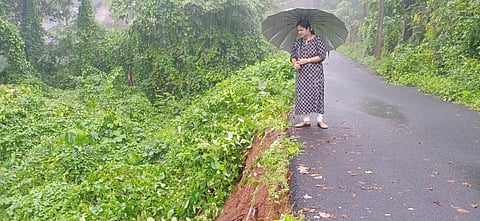 नानेरवाडा पेडणे येथील रस्त्याची धडा कोसळली त्याची पाहणी करताना नगराध्यक्ष उषा नागवेकर