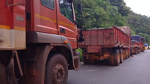 Heavy vehicles parked in Chorla Ghat, Goa, 18 august2021.